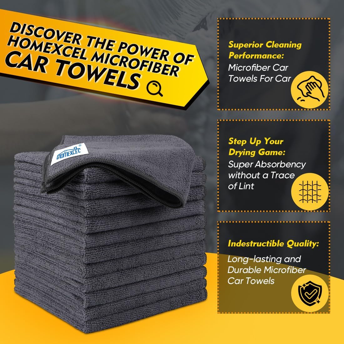 HOMEXCEL Mikrofasertuch 12er-Pack, 31,75 x 31,75 cm Mikrofasertücher für Autos, ultra-saugfähiges Autowaschtuch, fusselfreie, streifenfreie Reinigungstücher für Auto, Küche und Fenster (Grau)