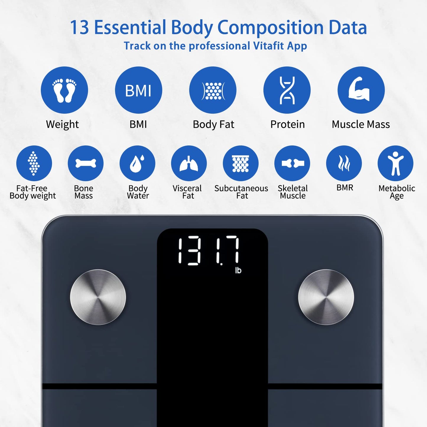 Vitafit Smart-Körperwaage, hohe Genauigkeit 0,05 kg, von unserer professionellen Fabrik seit 2001, App-Synchronisierung von 13 Körperzusammensetzungen wie BMI, Körperfett und Muskelmasse, 180 kg, LED, Schwarz