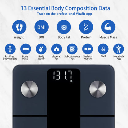 Vitafit Smart-Körperwaage, hohe Genauigkeit 0,05 kg, von unserer professionellen Fabrik seit 2001, App-Synchronisierung von 13 Körperzusammensetzungen wie BMI, Körperfett und Muskelmasse, 180 kg, LED, Schwarz