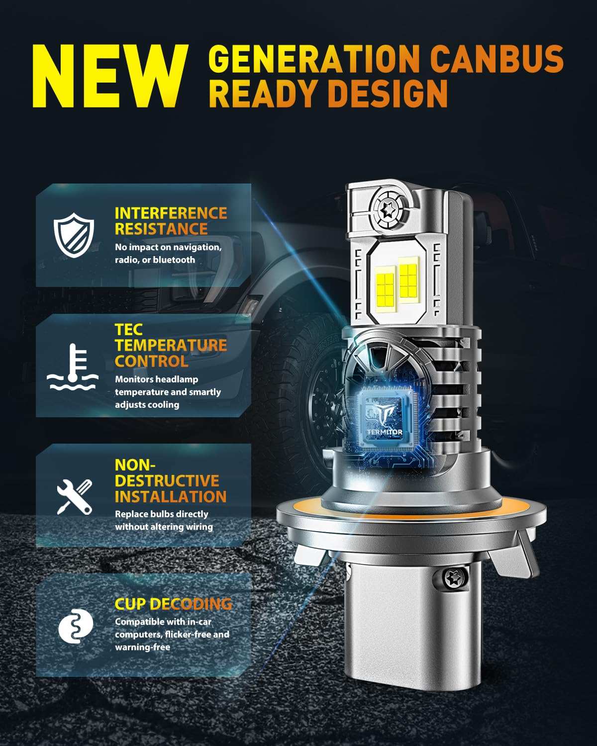 Termitor 2026 Upgraded H4/9003/HB2 Light Bulbs, 90,000LM 15X Super Bright Hi/Low Beam, 6500K Cool White H4 9003 Fog Lights, 1:1 Halogen Size Automotive Replacement IP68 Waterproof, Pack of 2