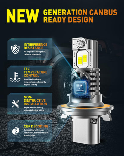 Termitor 2026 Upgraded H4/9003/HB2 Light Bulbs, 90,000LM 15X Super Bright Hi/Low Beam, 6500K Cool White H4 9003 Fog Lights, 1:1 Halogen Size Automotive Replacement IP68 Waterproof, Pack of 2