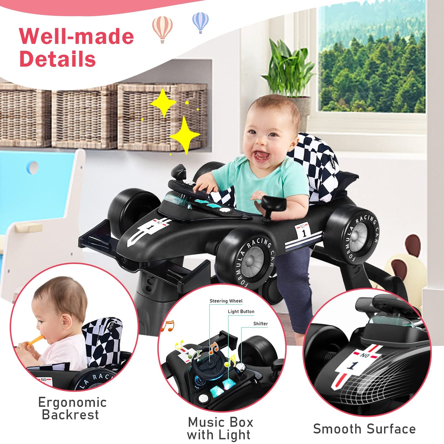 BABY JOY 4-in-1 Baby Walker, Foldable Activity Walker with Adjustable Height & Speed, Music, Lights, Anti-Rollover, Toddler Push Walker, Baby Walker with Wheels for Boys Girls 6-18 Months (Pink)