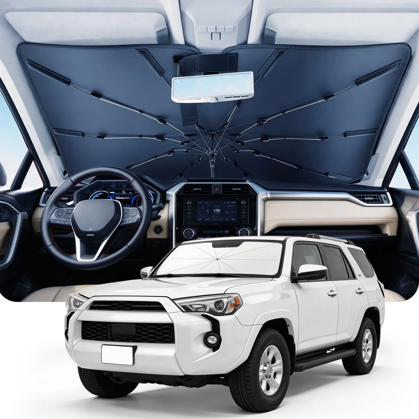 DMJN Umbrella Windshield Sun Shade for Jeep Grand Cherokee (2011-2026), Car Sunshade for Front Windshield [Nano Ice-Crystal Coatings] UPF50+ Heat & UV Block, Protect Interior & Keep Cooler