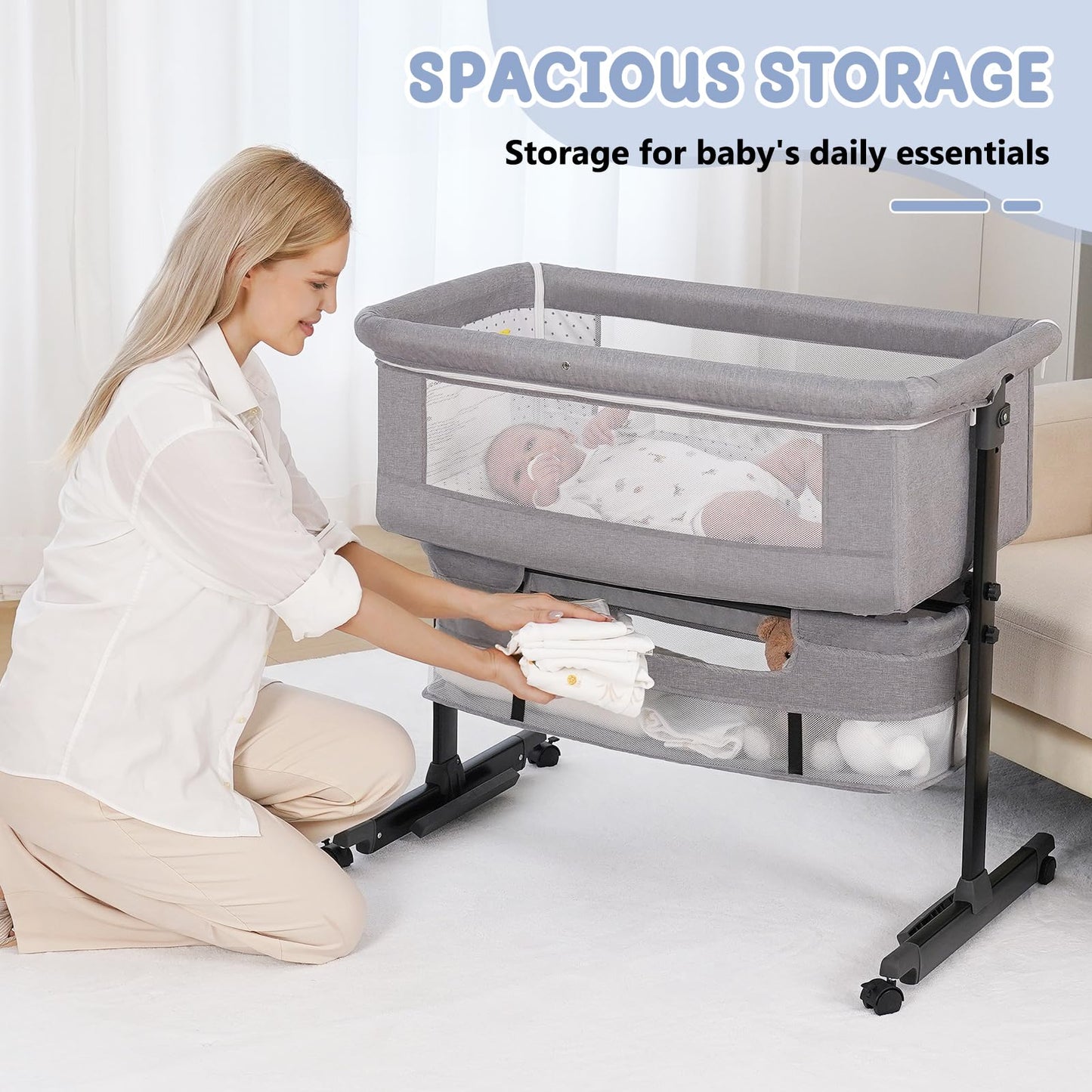 Semphis Baby Bassinet, 3 in 1 Bassinets Bedside Sleeper, Adjustable Height Bedside Sleeper with Rocking Mode, Breathable Mesh, Storage Basket, Wheels, Easy Assemble & Folding (Gray)