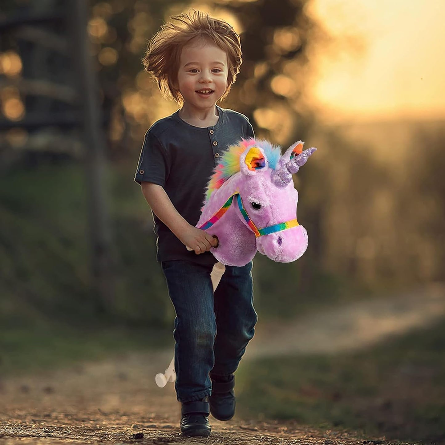 HollyHOME Plüsch Einhorn Steckenpferd mit Holzrädern Echten Pony Wiehern und Galoppieren Geräuschen Plüschtier Rosa 94 cm (AA Batterien Benötigt)