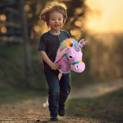 HollyHOME Plüsch Einhorn Steckenpferd mit Holzrädern Echten Pony Wiehern und Galoppieren Geräuschen Plüschtier Rosa 94 cm (AA Batterien Benötigt)
