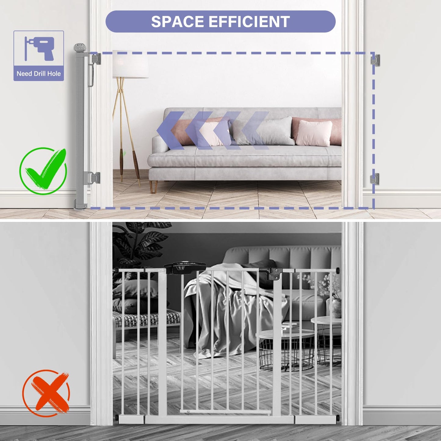 Retractable Baby Gates No Drilling, PRObebi Retractable Dog Gate for the House Extends to 54" Wide 33" Tall, Gates for Baby Indoor, Stair Gate for Outdoor, Staris, Hallways, Doorways, Deck, Porch