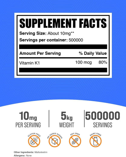 BulkSupplements.com Vitamin K1 Powder - Vitamin K1 Supplement for Bone and Heart Health Support - Gluten Free, 10mg per Serving, 1kg (2.2 lbs) (Pack of 1)