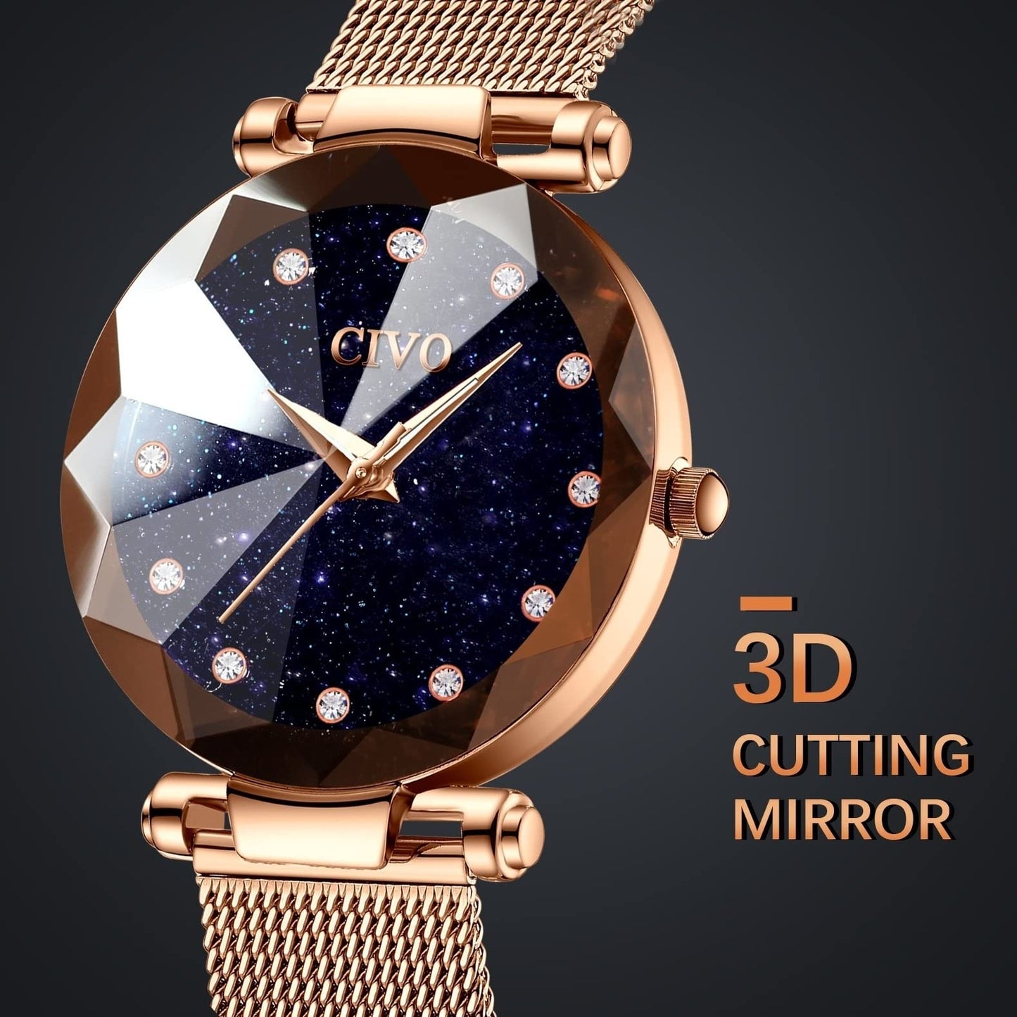 CIVO Damenarmbanduhr, wasserdichte analoge Quarzdameuhr für Damen, Roségold-Mesh-Armband, elegant, luxuriös, Designer-Damenuhr mit Diamant-Zifferblatt