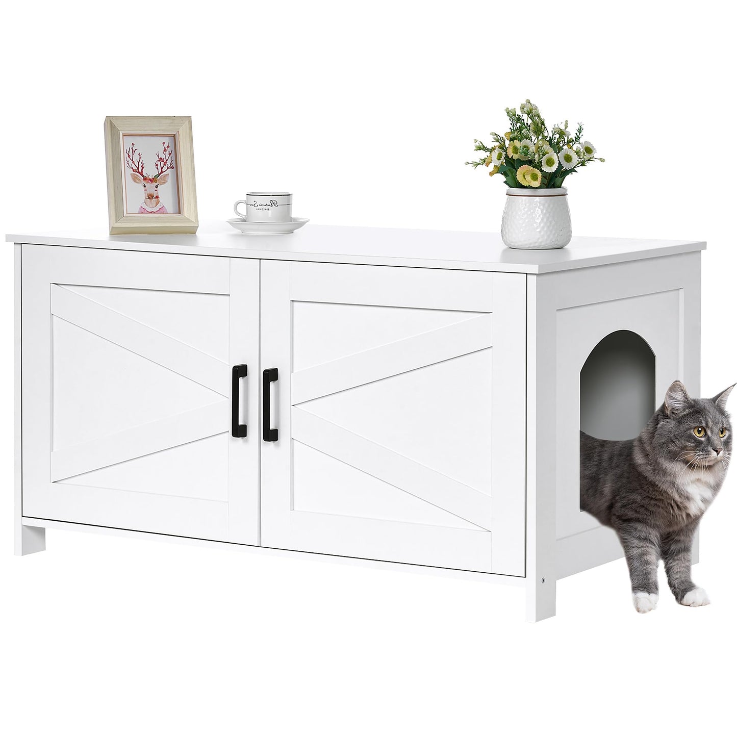Homhedy Cat Litter Box Enclosure, Wooden Cat Washroom Furniture with Barn Door, Pet House, Fit Most of Litter Box, White