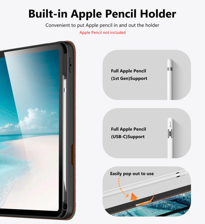 DTTO for iPad A16 Case, iPad 11th / 10th Generation Case (2025/2022), 360 Degree Rotating Premium Leather Folio Stand Cover with Pencil Holder, Brown