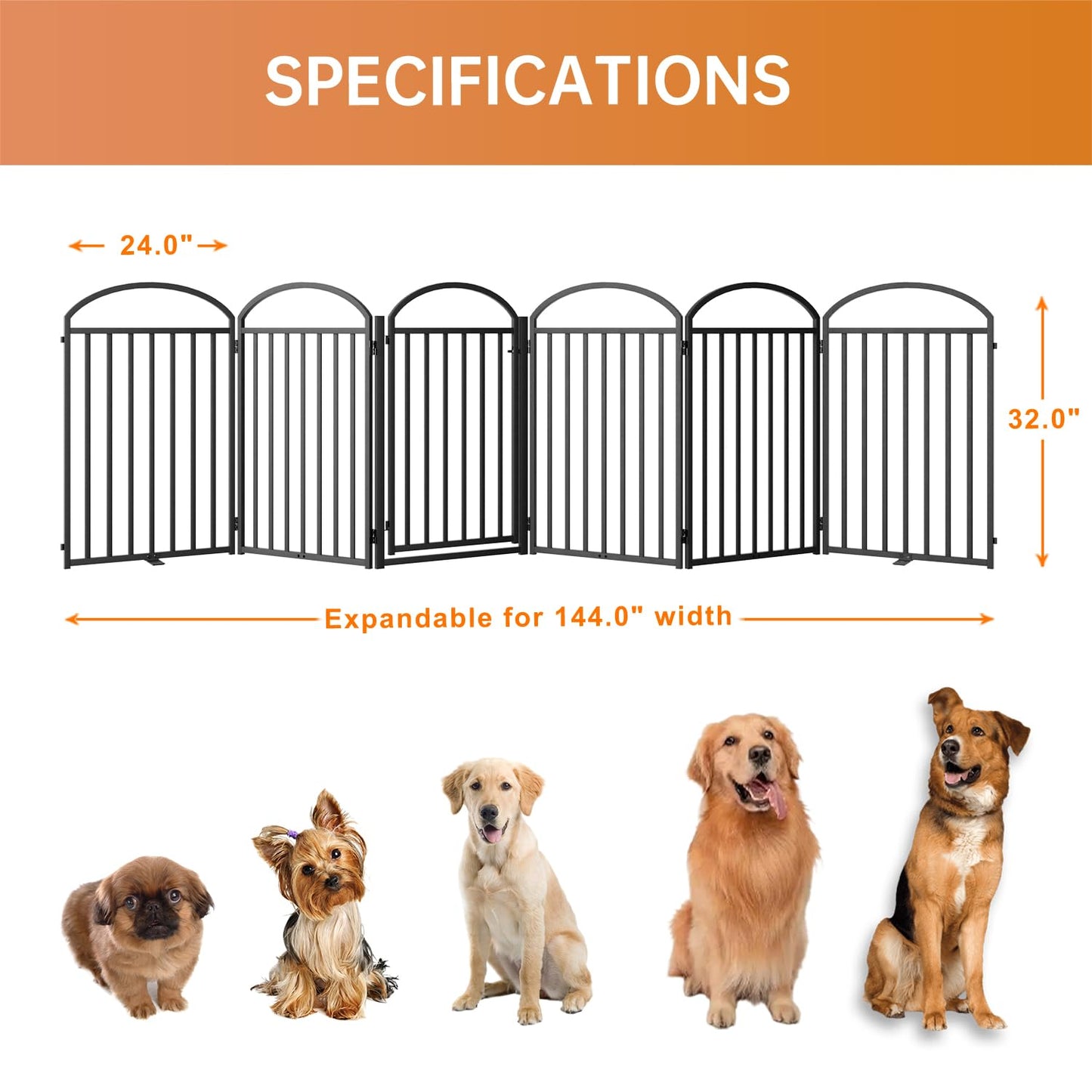 SNUOWU 4 Panels Full Matel Freestanding Dog Gates with Door, 96"Extra Wide 36"Tall Free Standing Dog Pet Gate for Indoor & Outdoor. Foldable Pet Fences for Doorways, House, Stairs, Porch, Deck, Yard