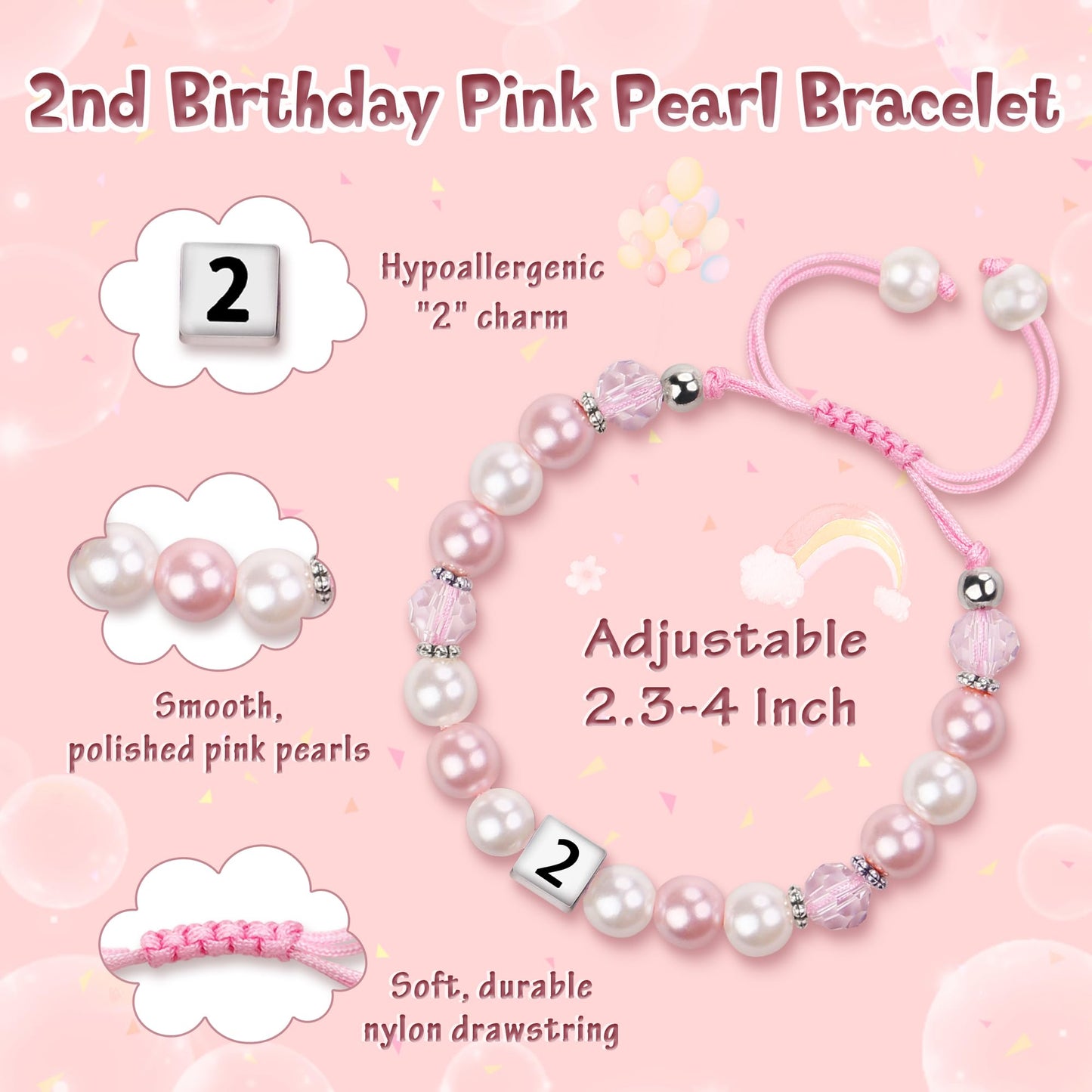 Sereney 5 Jahre altes Mädchen Geburtstagsgeschenkideen, verstellbares rosa-weißes Perlenarmband als Fünf-Jahres-5-Jahre-altes 5. Geburtstagsgeschenk für Teenager-Mädchen, Tochter, Nichte, Enkelin