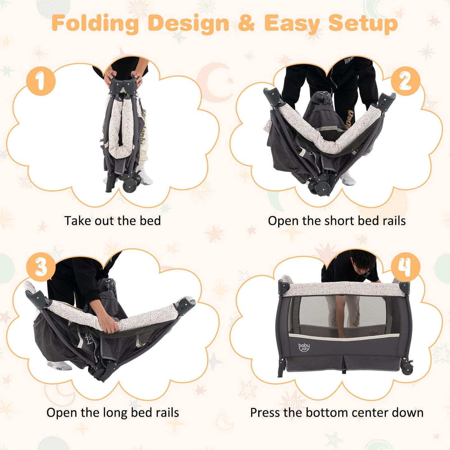 BABY JOY 4 in 1 Pack and Play, Portable Baby Playard with Bassinet & Flip-Away Changing Table, Canopy, Portable Bedside Crib with Storage Basket, Oxford Bag, Infant Bassinet from Newborn to Toddlers