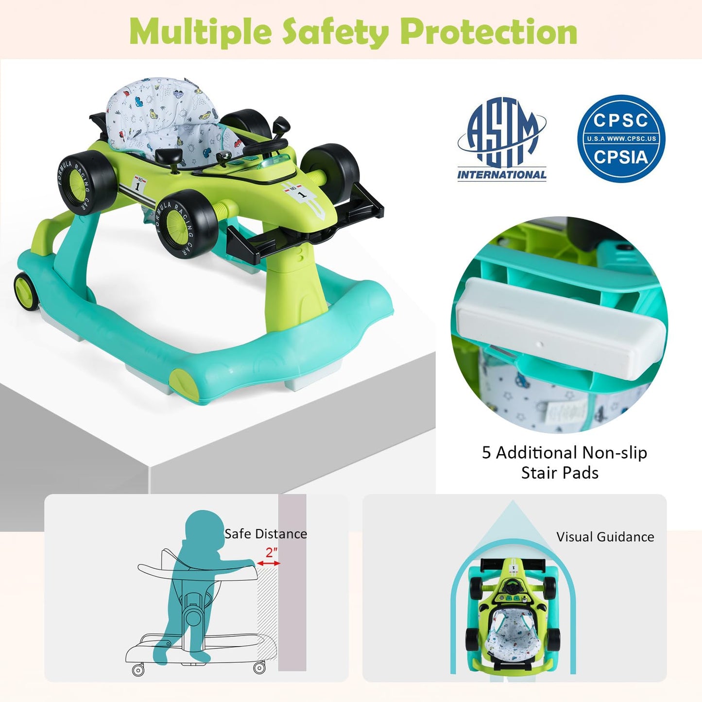 HONEY JOY 4-in-1 Baby Walker, Activity Push Walker w/3 Adjustable Heights, Smooth Wheels w/Adjustable Speed, Padded Seat, Music & Light, Foldable Car Walker for Baby Boys Girls Age 6 Months+ (Blue)