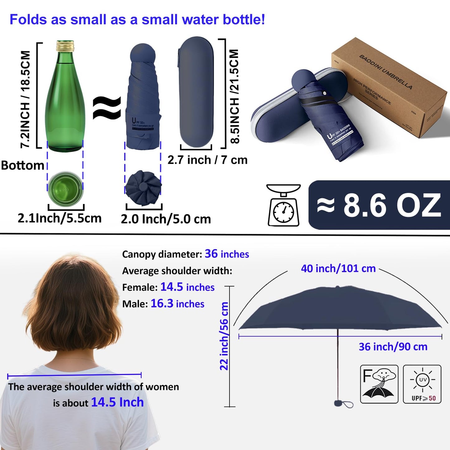 BAODINI Reiseutensilien Mini-Regenschirm für die Handtasche mit Etui Klein Kompakt UV-Sonnenschutz Leicht Winzig Tasche Manuelles Öffnen und Schließen Regenschirm für Damen, Kinder und Herren Passt in Handtasche Rucksack