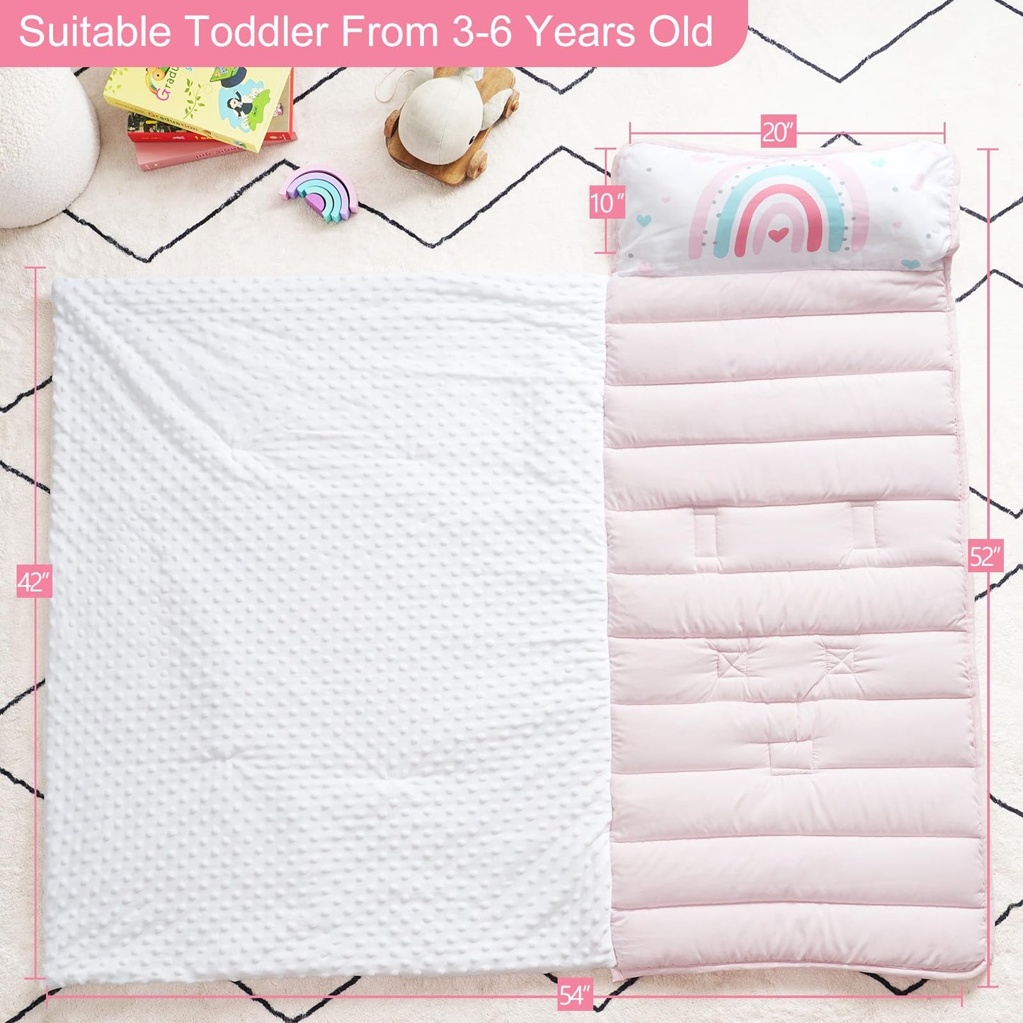 PHF Toddler Nap Mat with Removable Pillow and Minky Blanket, Rollup Design Kids Sleeping Mat, Slumber Bags for Boys, 55"x23" Toddler Sleeping Bag for Daycare Preschool Travel Camping, Space