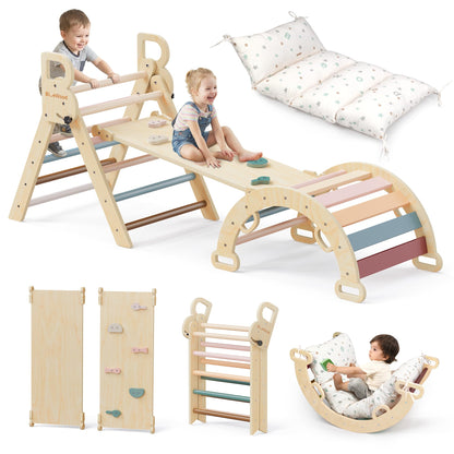BlueWood Pikler Triangle Set with Cushion, 8-in-1 Climbing Toys for Toddlers, Montessori Philosophy Play Jungle Gym with Arch, Ramp, Ladder(Natural Wood)