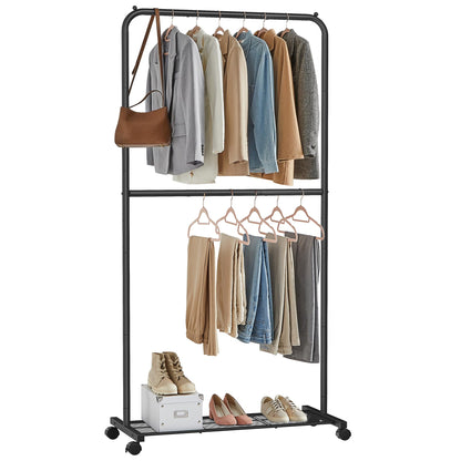 SONGMICS Clothes Rack with Wheels, Clothing Rack for Hanging Clothes, 25.4 mm Metal Garment Rack with Dense Mesh Storage Shelf, 110 lb Load Capacity, 2 Brakes, Black UHSR25BK