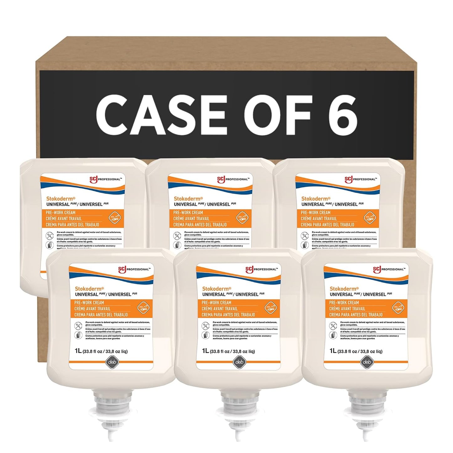 SC Johnson Professional 1L Stokoderm Universal PURE Defense Cream for Professional Use Against Water and Oil-Based Substances, 1L Cartridge, Pack of 6 x 1L Cartridge Refills for Manual Dispenser