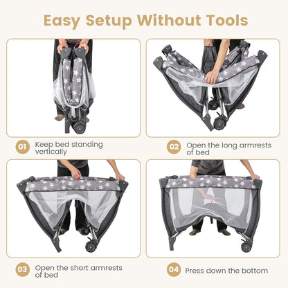 Costzon 3 in 1 Pack and Play with Bassinet, Portable Baby Playard with Changing Table, Music Box, Hangings, Wheels/Brake, Basket, Foldable Infant Bassinet Crib for Baby Toddlers Indoor Outdoor