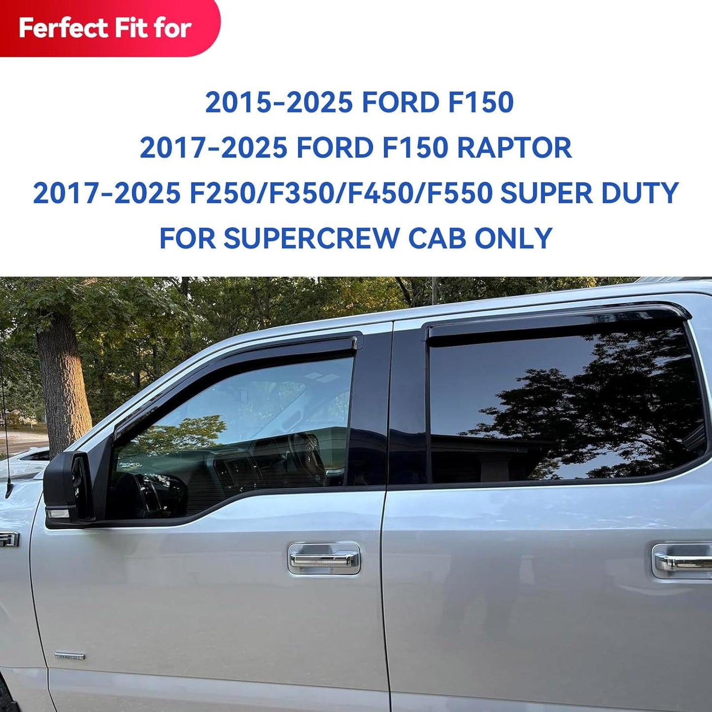 Window Visors Rain Guards for 2015-2026 Ford F150 SuperCrew & 2017-2026 F-150 Raptor F250 F350 F450 F550 Super Duty Crew Cab, Out-Channel Window Vent Deflectors Visors Shades Protectors
