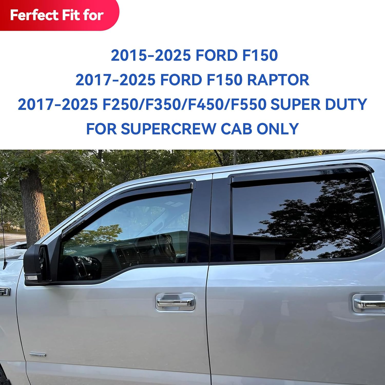 Window Visors Rain Guards for 2015-2026 Ford F150 SuperCrew & 2017-2026 F-150 Raptor F250 F350 F450 F550 Super Duty Crew Cab, Out-Channel Window Vent Deflectors Visors Shades Protectors