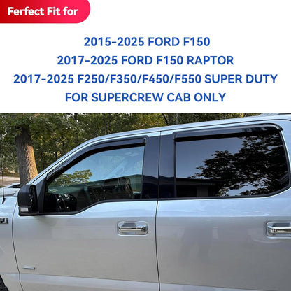 Window Visors Rain Guards for 2015-2026 Ford F150 SuperCrew & 2017-2026 F-150 Raptor F250 F350 F450 F550 Super Duty Crew Cab, Out-Channel Window Vent Deflectors Visors Shades Protectors