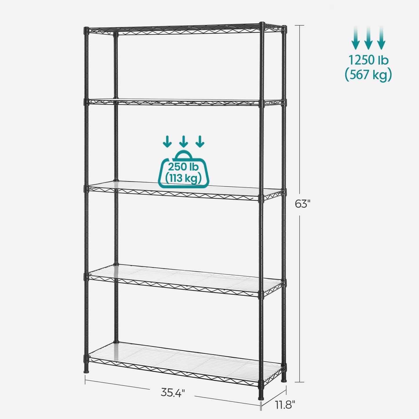 SONGMICS Storage Shelf, Small Metal Wire Shelving Unit, Adjustable Shelves, for Small Spaces, Garage, Bedroom, Living Room, Kitchen, Pantry, 5 Tier, 11.8 x 11.8 x 47.6 Inches, Ink Black ULGR123BH01