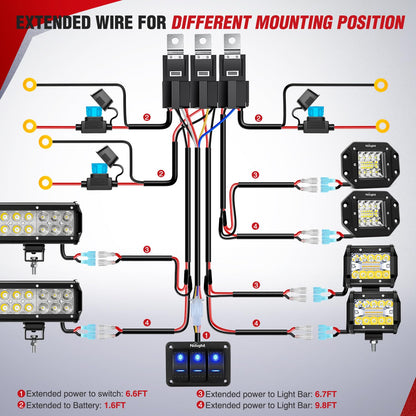 Nilight - NI -WA 06 LED Light Bar Wiring Harness Kit - 2 Leads 12V On Off Switch Power Relay Blade Fuse for Off Road Lights LED Work Light, 2 Years Warranty
