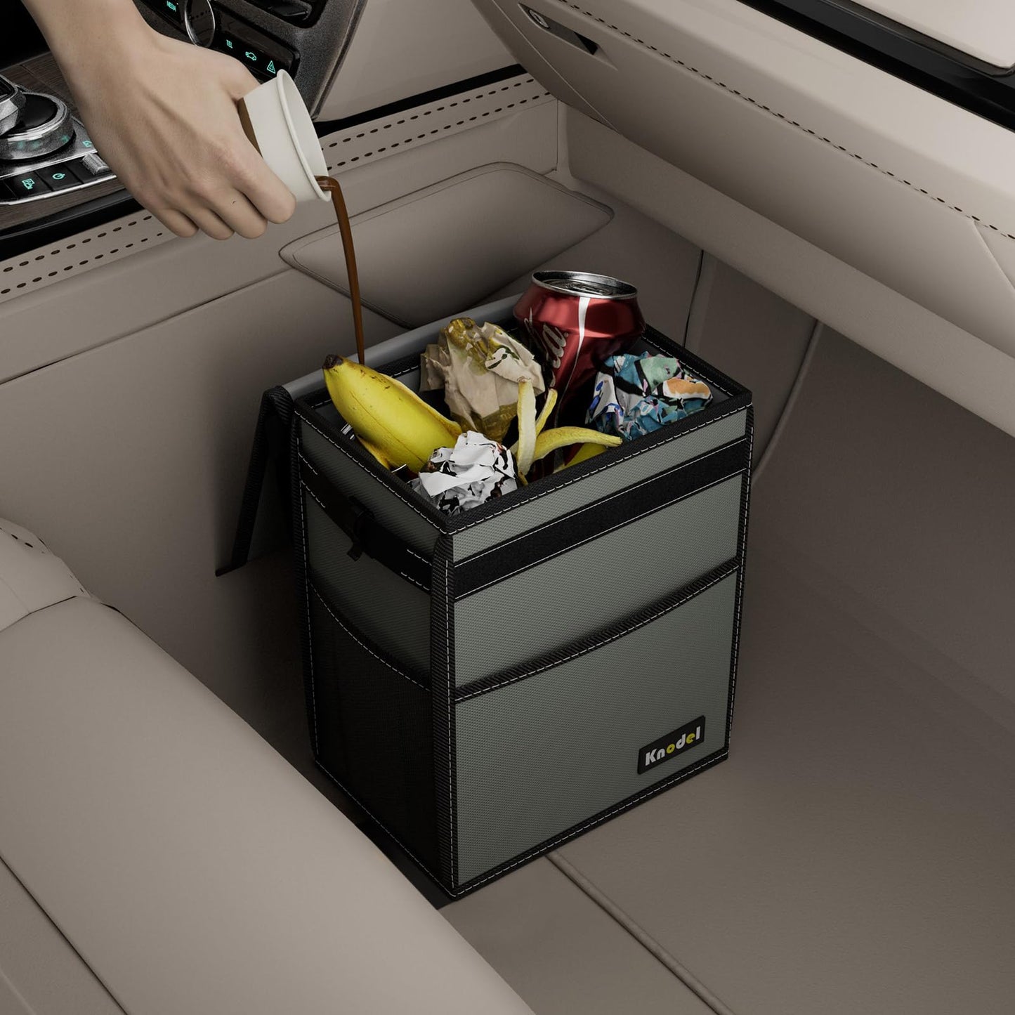 K KNODEL Car Trash Can, Waterproof Auto Garbage Can, Car Trash Can with Lid, Leak-Proof Car Storage Bag, Car Bin Hanging (Medium, Black)