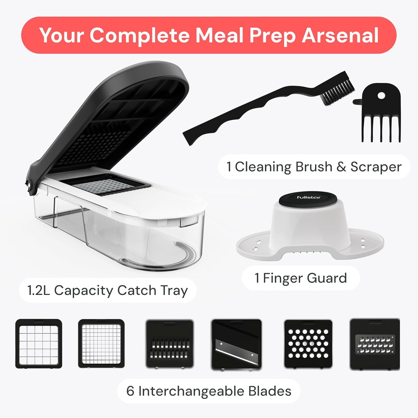 Fullstar Gemüsehacker und Mandolinenschneider - Julienne-Schneider, Würfelschneider, Reibe für Lebensmittel, Gemüse, Zwiebeln, Gurken, Tomaten, Salat, Kartoffeln, Käse - Küchenutensilien & Gadgets (Kompakt 6-in-1, Weiß)