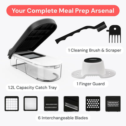 Fullstar Gemüsehacker und Mandolinenschneider - Julienne-Schneider, Würfelschneider, Reibe für Lebensmittel, Gemüse, Zwiebeln, Gurken, Tomaten, Salat, Kartoffeln, Käse - Küchenutensilien & Gadgets (Kompakt 6-in-1, Weiß)