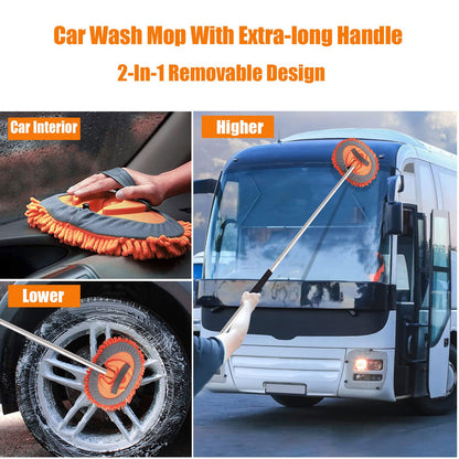 GreatCool 62" Autowaschbürsten-Mopp-Set mit langem Stiel, 2-in-1 Chenille-Mikrofaser-Schwamm-Waschhandschuh zur Reinigung und Pflege, Staubwedel zum Waschen von Autos, LKW, SUV, Wohnmobilen und für den Haushalt (2 x Moppkopf)