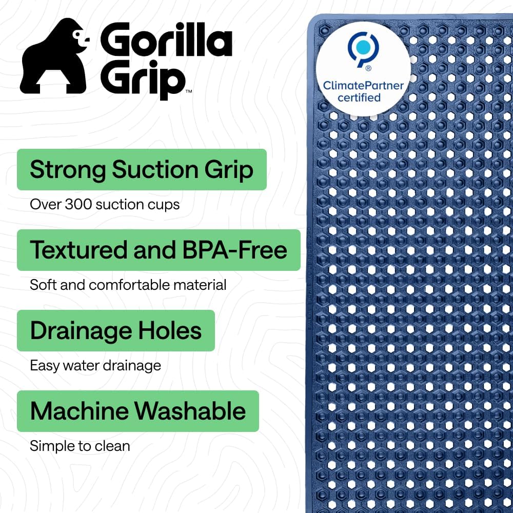 GORILLA GRIP Patentierte Badewannen-Duschmatte, Maschinenwaschbare Badewannenbodenmatte, Saugnäpfe und Abflusslöcher für saubere Wannen, Badezimmer-Essentials, 89x41 cm, Transparent