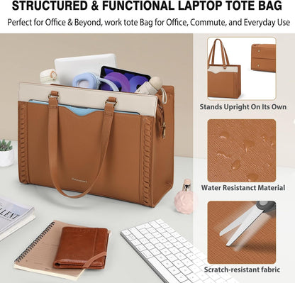 RAINSMORE Laptop Bag for Women 15.6 Inch Work Tote Bag with Detachable Strap & Bow Leather Laptop Tote with Cup Holder
