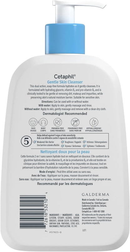 Cetaphil Milde Hautreinigung (473 ml) – Feuchtigkeitsspendende Gesichts- und Körperreinigung – Ideal für empfindliche, trockene Haut – Nicht reizend, parfümfrei und von Dermatologen empfohlen