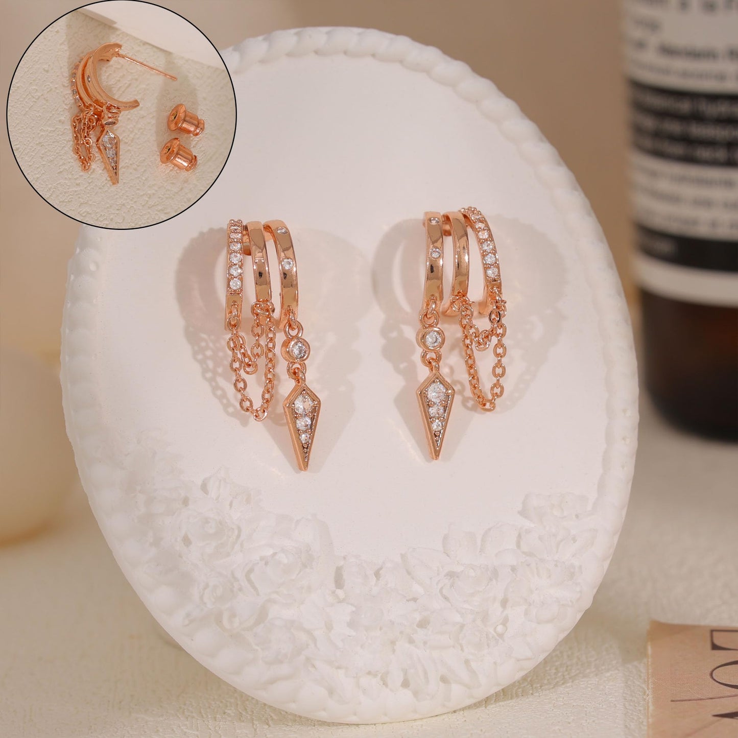 Dangle Earrings for Women,14k Gold Plated Triple Huggie Stud Earrings Cute Statement Chain Earring Dainty Drop Earrings for Women Trendy Gold Plated Jewelry