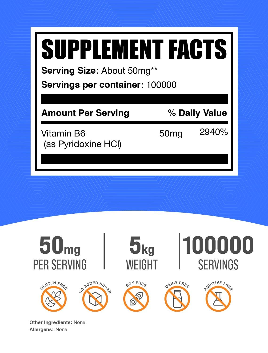 BulkSupplements.com Pyridoxine HCl Powder - Vitamin B6 Supplement, Vitamin B6 50mg - for Immune Support, Gluten Free, 50mg of Pyridoxine B6 per Serving, 5kg (11 lbs) (Pack of 5)