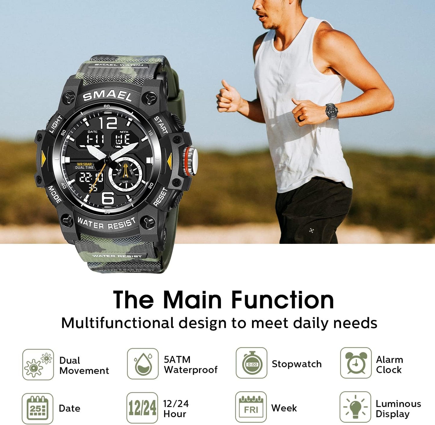 Herren Digitaluhr, Sportuhren für Männer Outdoor Militär Digital Analog Stoppuhr Wasserdicht Multifunktionale Armbanduhr