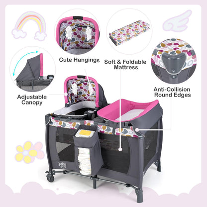 BABY JOY 5 in 1 Pink Pack and Play, Portable Baby Playard with Bassinet & Changing Table, Infant Pink Girl Bassinet Center w/Hangings & Music & Oxford Bag for Baby Toddlers (Rose, Dot Circle)