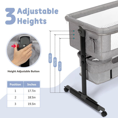 Semphis Baby Bassinet, 3 in 1 Bassinets Bedside Sleeper, Adjustable Height Bedside Sleeper with Rocking Mode, Breathable Mesh, Storage Basket, Wheels, Easy Assemble & Folding (Gray)