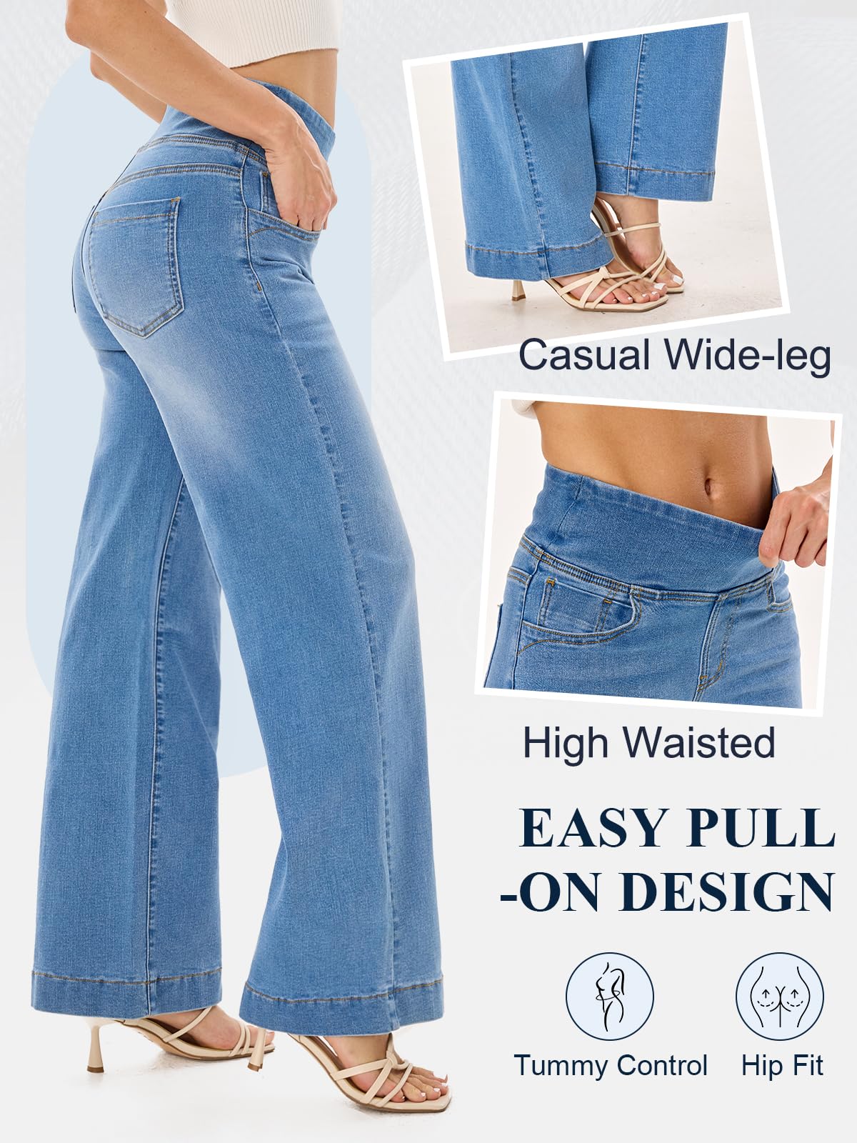 UCOOLYN Pull On Wide Leg Jeans für Damen, High Waisted Bauchkontrolle Stretchy Baggy Trendy Straight Denim Hose mit Taschen für die Arbeit Dunkelblau