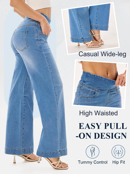 UCOOLYN Pull On Wide Leg Jeans für Damen, High Waisted Bauchkontrolle Stretchy Baggy Trendy Straight Denim Hose mit Taschen für die Arbeit Dunkelblau
