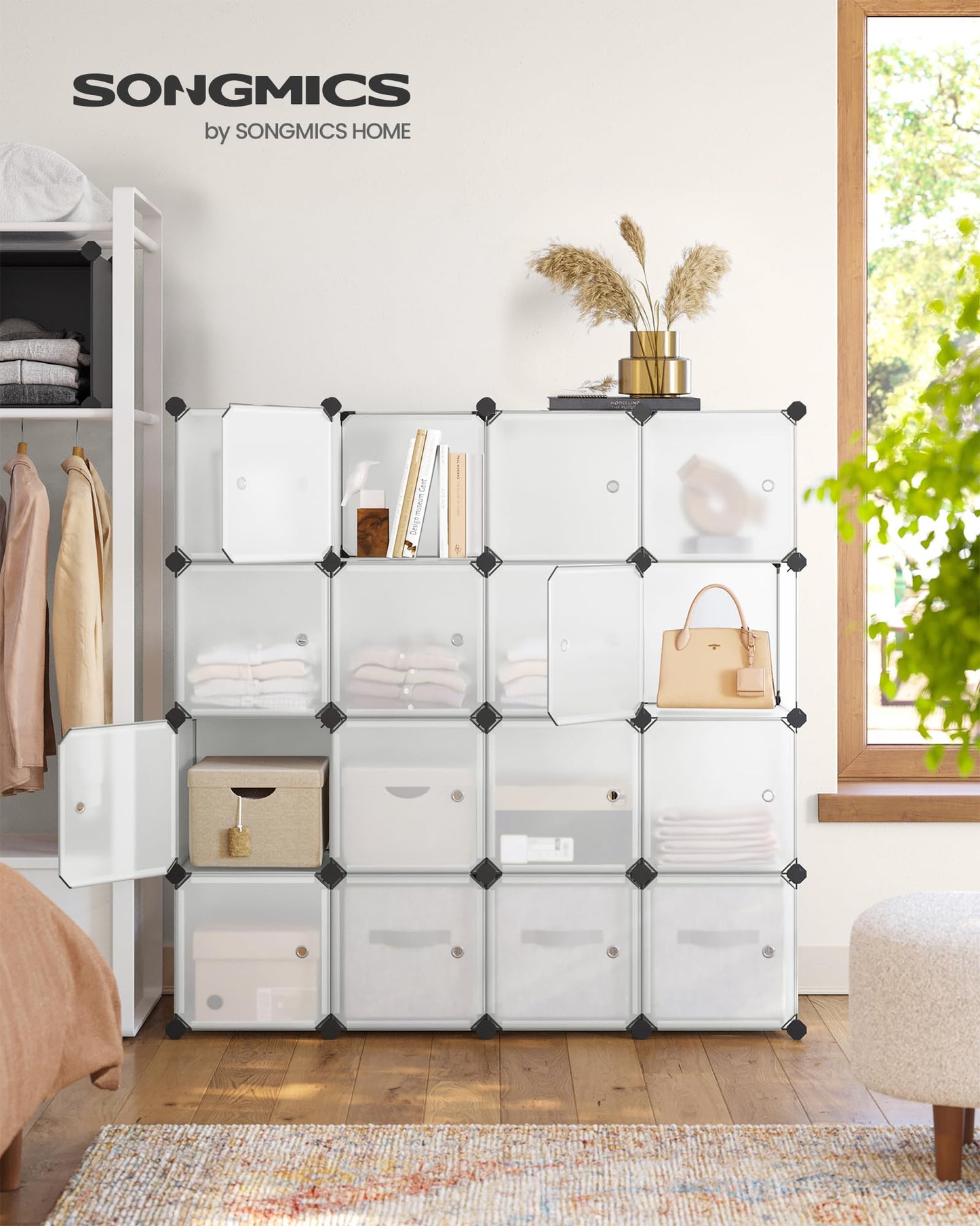 SONGMICS Cube Storage Organizer, Set of 16 Plastic Cubes, Closet Organizers and Storage, Room Organization, Bedroom Living Room, 12.2 x 48.4 x 48.4 Inches, Rustic Brown ULPC442A01