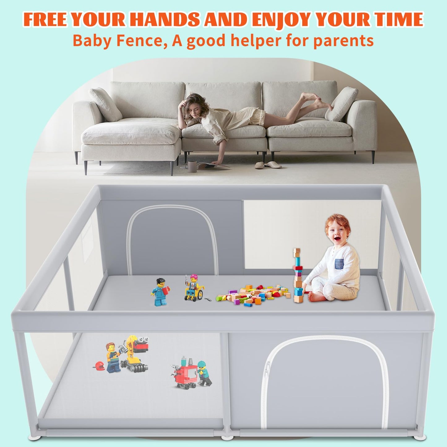 XVISHX 50 x 50 Inch Baby Playpen, Playpen for Babies and Toddlers, Baby Play Pen Playard for Indoor & Outdoor Active Center Game Fence, with Skin-Friendly Fabric and Soft Breathable Mesh, Grey