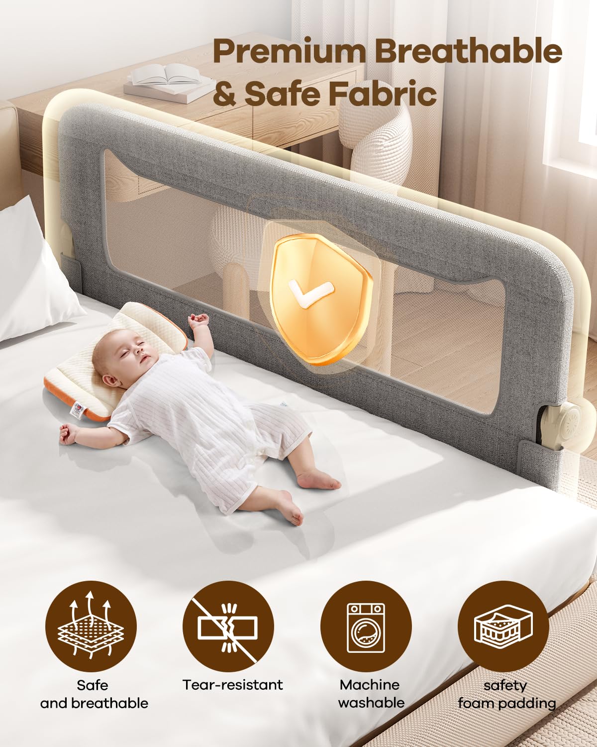 Foldable Bed Rail for Toddlers, 71in Reinforced Carbon Steel Frame&Connectors, Breathable Cationic Fabric - Safety Toddler Bed Rails for Queen, King, Twin, Full, No-Tool Setup.