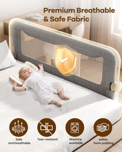 Foldable Bed Rail for Toddlers, 71in Reinforced Carbon Steel Frame&Connectors, Breathable Cationic Fabric - Safety Toddler Bed Rails for Queen, King, Twin, Full, No-Tool Setup.