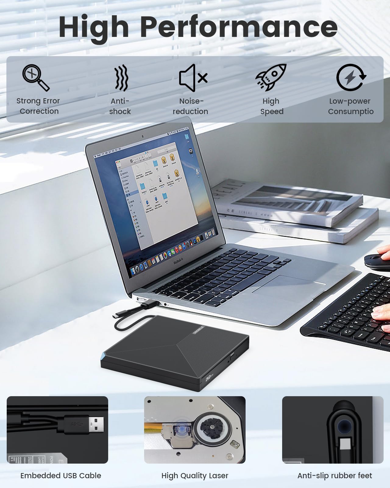 ORIGBELIE externes DVD-Laufwerk, CD-Laufwerk USB 3.0 Typ-C CD/DVD ROM +/-RW Adapter mit USB-Anschluss DVD-Brenner für Laptop, PC, Desktop-Computer, optisches Laufwerk CD-Player kompatibel mit Mac Windows Linux