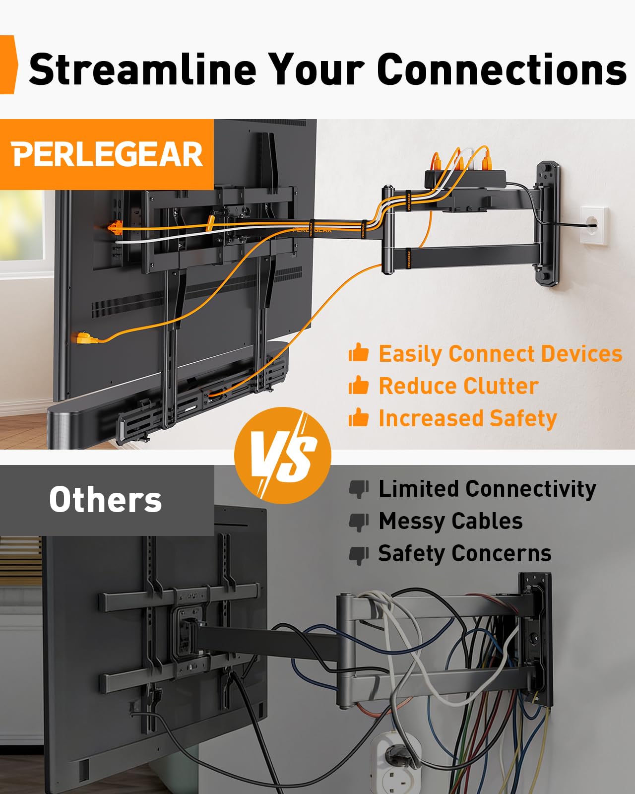 Perlegear Corner TV Wall Mount Long Arm TV Mount Bracket for 37-75 Inch TVs-Full Motion Wall Mount with 32.37” Extension & Swivel Articulating Arm & Tilt, MAX VESA 600x400mm, Holds up to 100 lbs